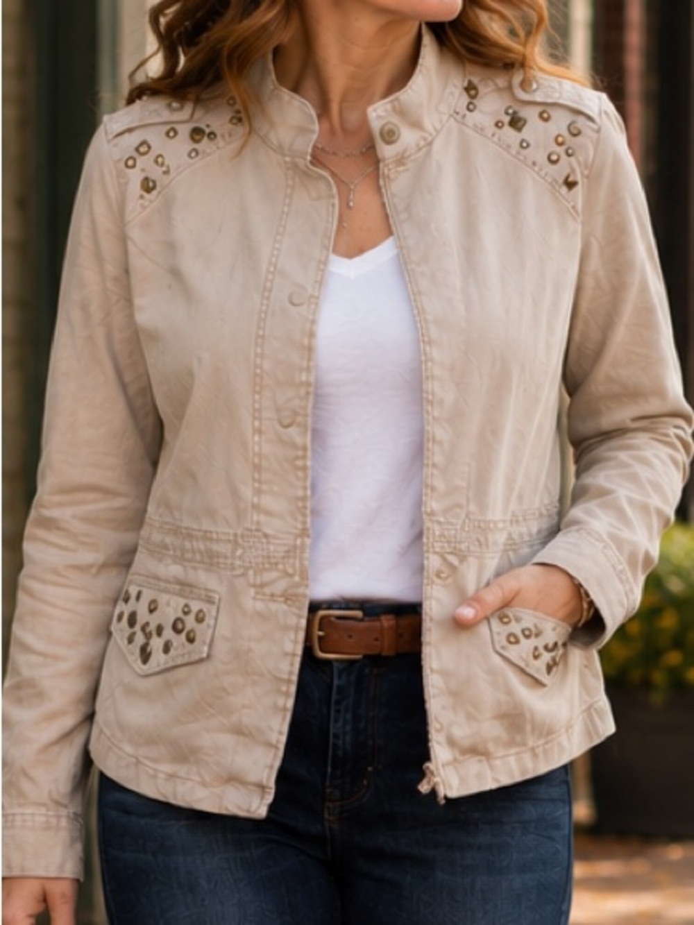 Highway Jeans Studded Military Jacket Beige Cotton Utility Coat L NWT